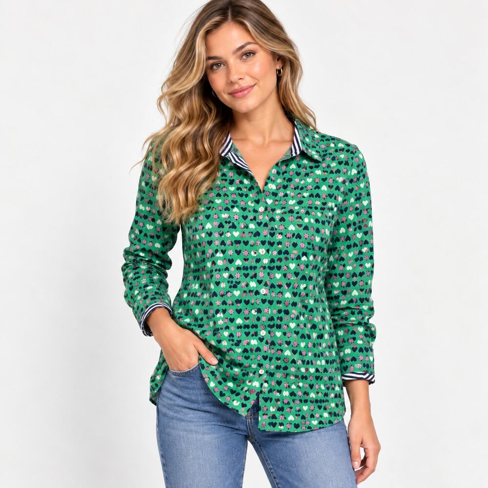 Talbots Button-Up Shirt Women's Size XLP Green Lady Bug Cotton Casual Office